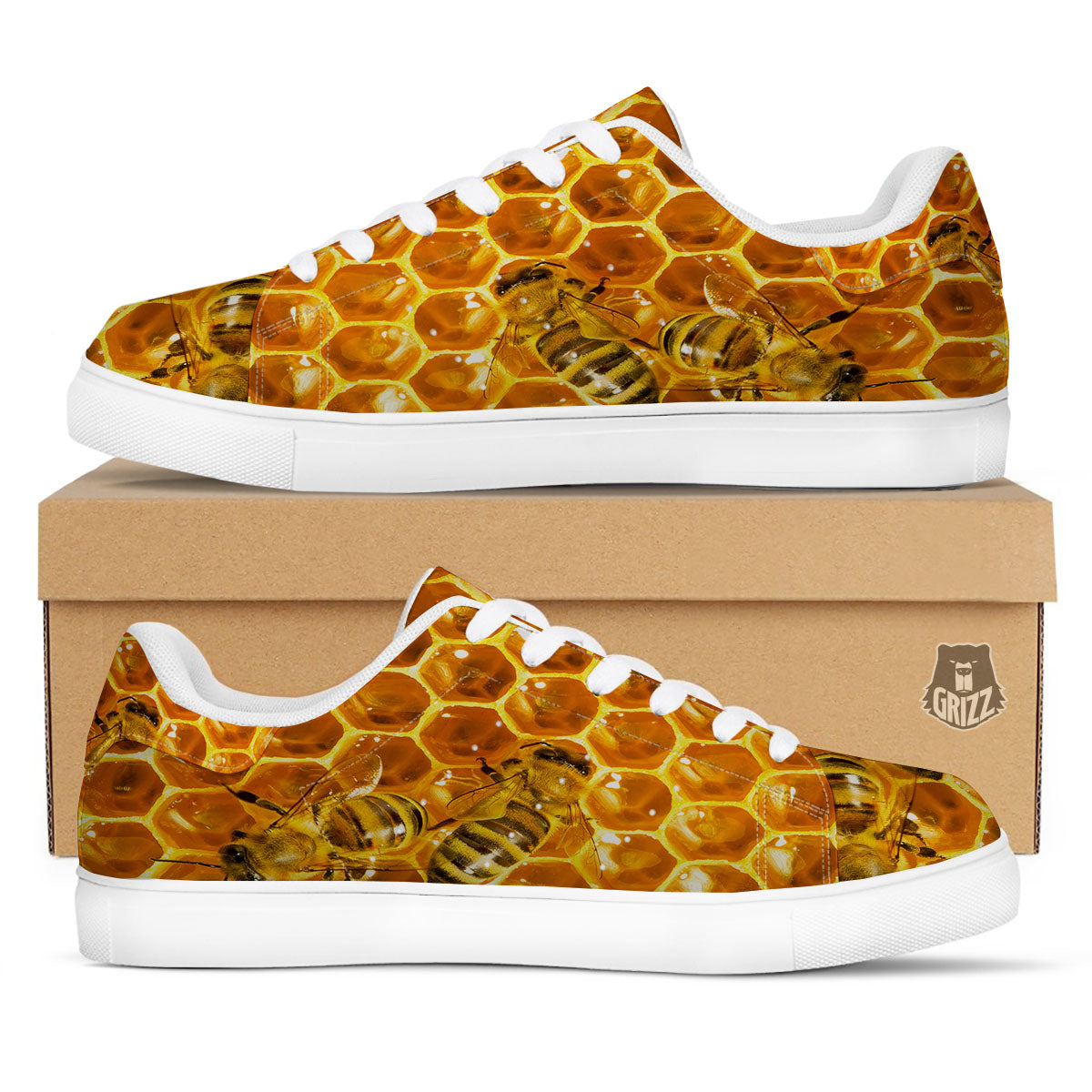 Hive Honey Bee Print White Low Top Sneakers-grizzshop