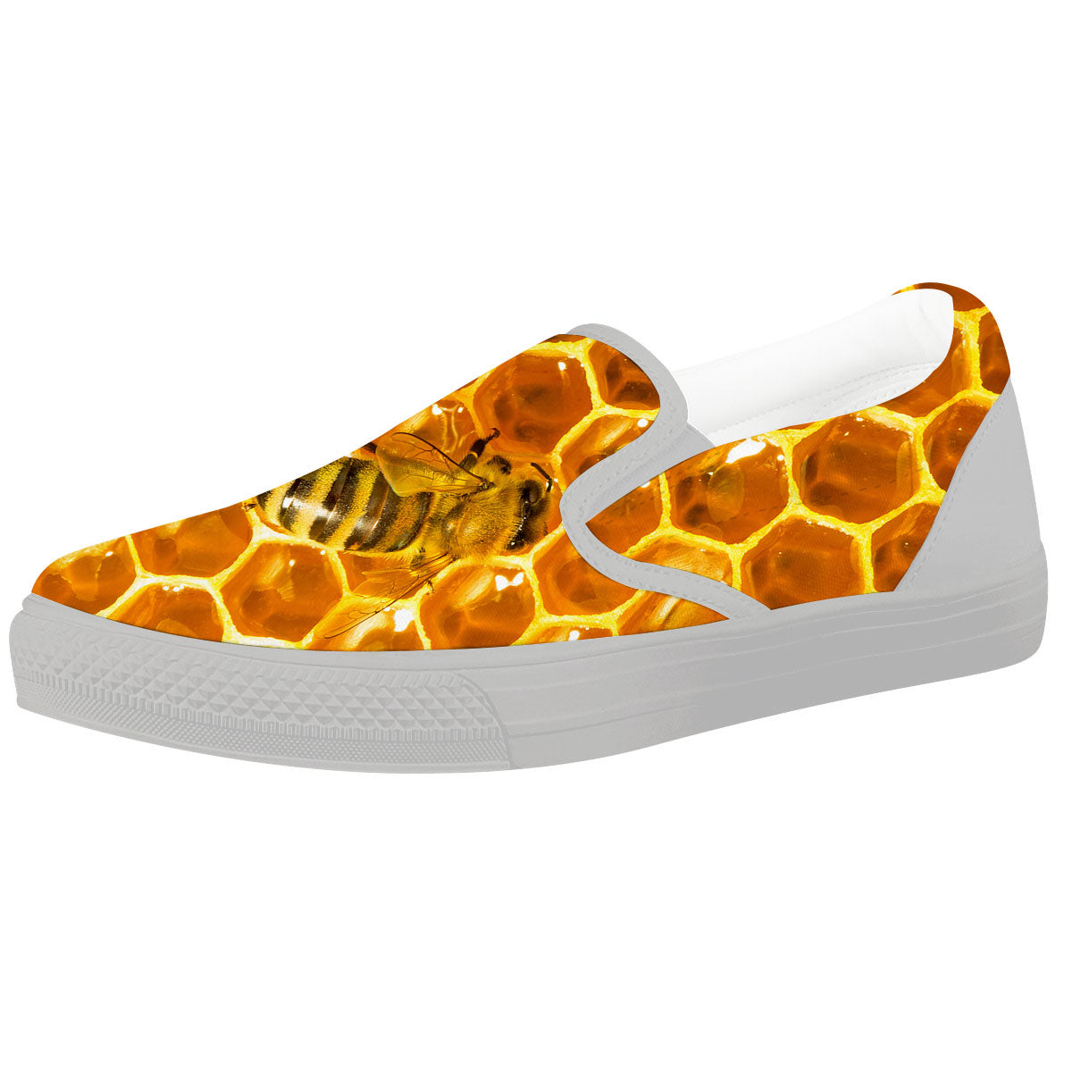 Hive Honey Bee Print White Slip On Shoes-grizzshop