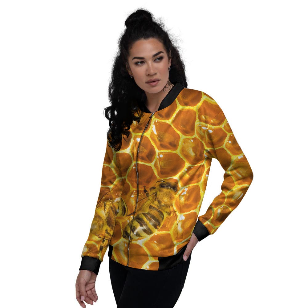 Hive Honey Bee Print Women's Bomber Jacket-grizzshop