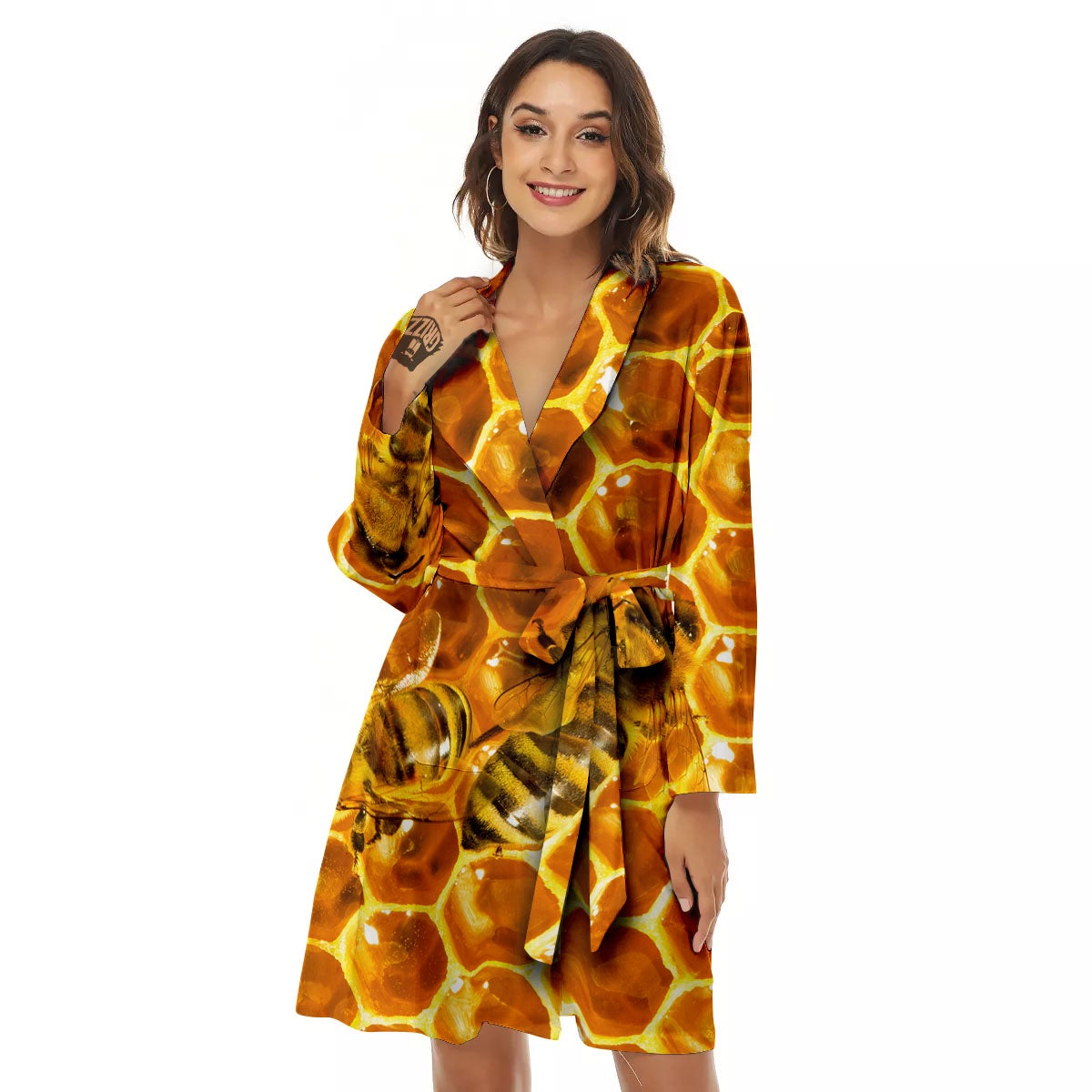 Hive Honey Bee Print Women's Robe-grizzshop