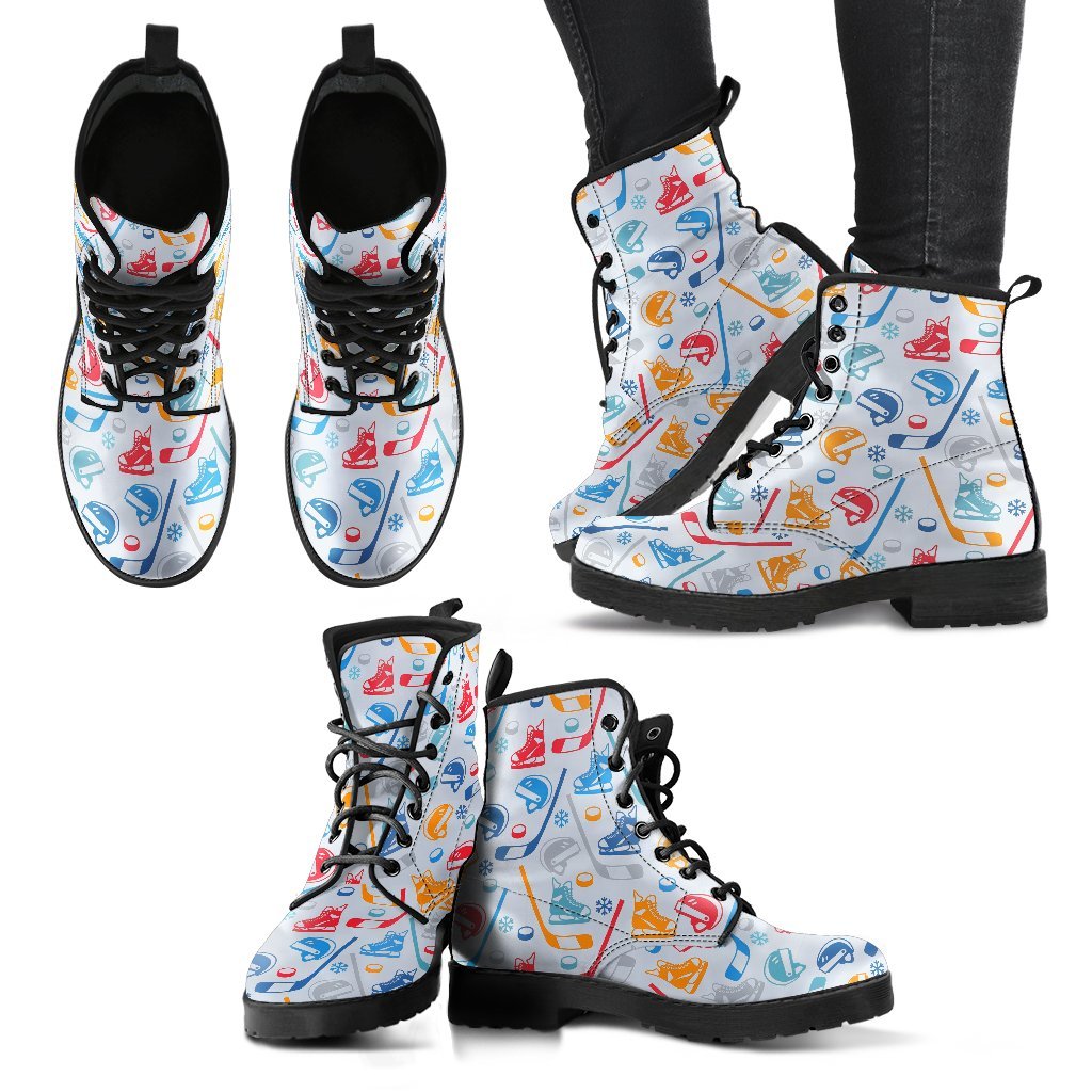 Hockey Pattern Print Men Women Leather Boots-grizzshop