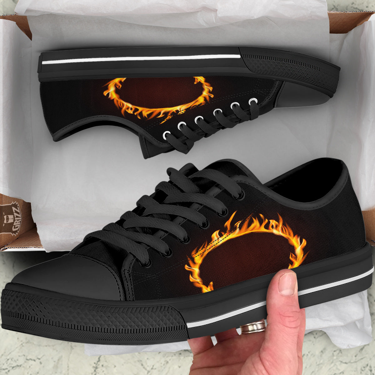 Hole Burning Print Black Low Top Shoes-grizzshop