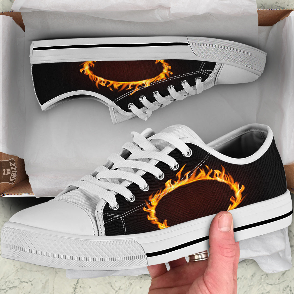 Hole Burning Print White Low Top Shoes-grizzshop