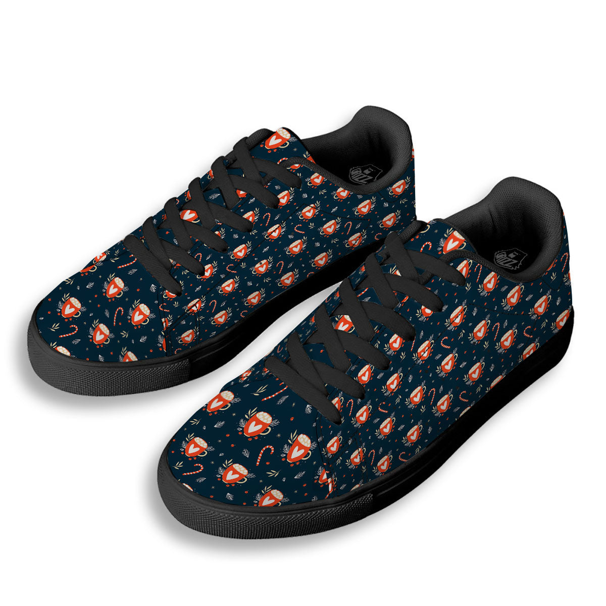 Holiday Christmas Cup Print Pattern Black Low Top Sneakers-grizzshop