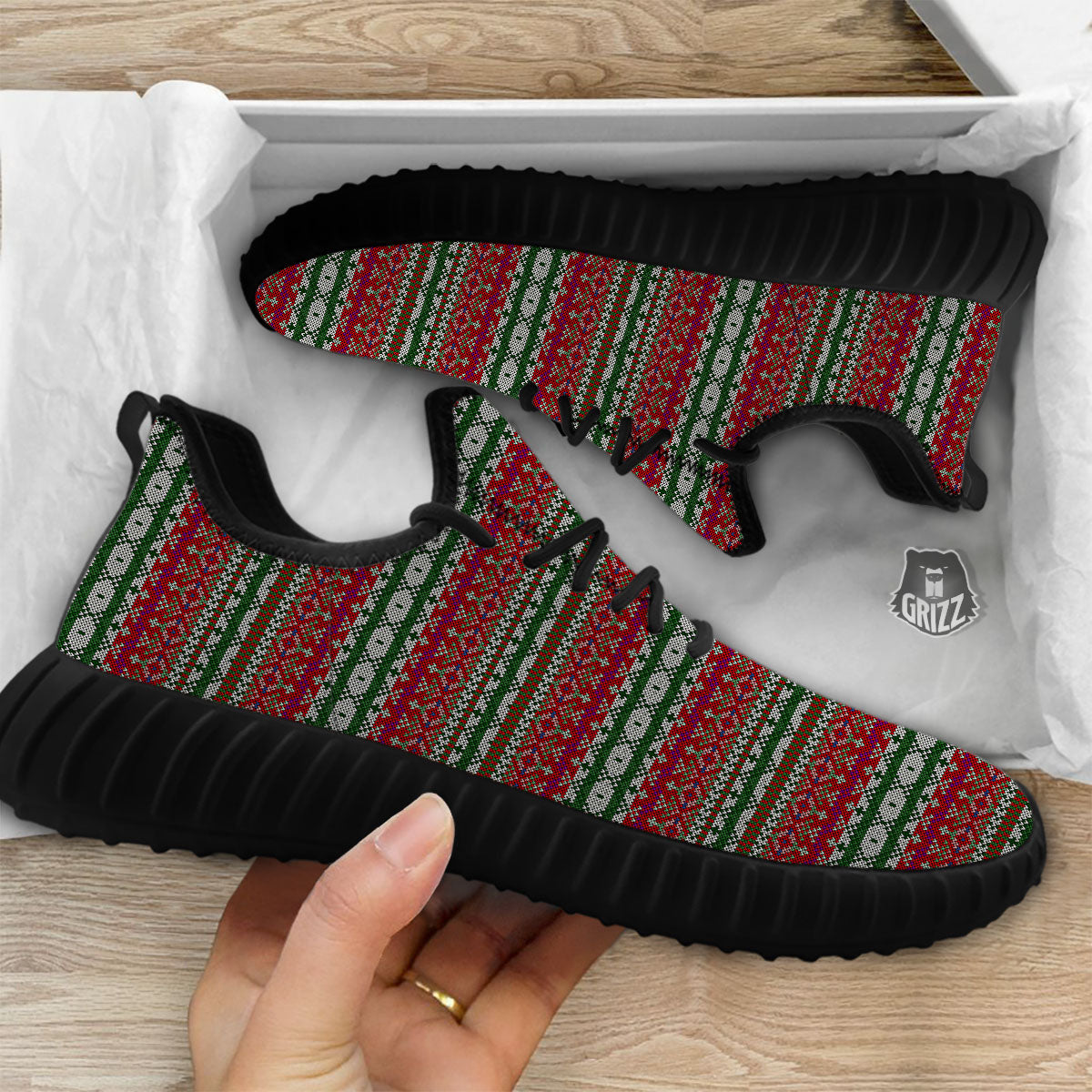 Holiday Knitted Christmas Print Pattern Black Walking Shoes-grizzshop