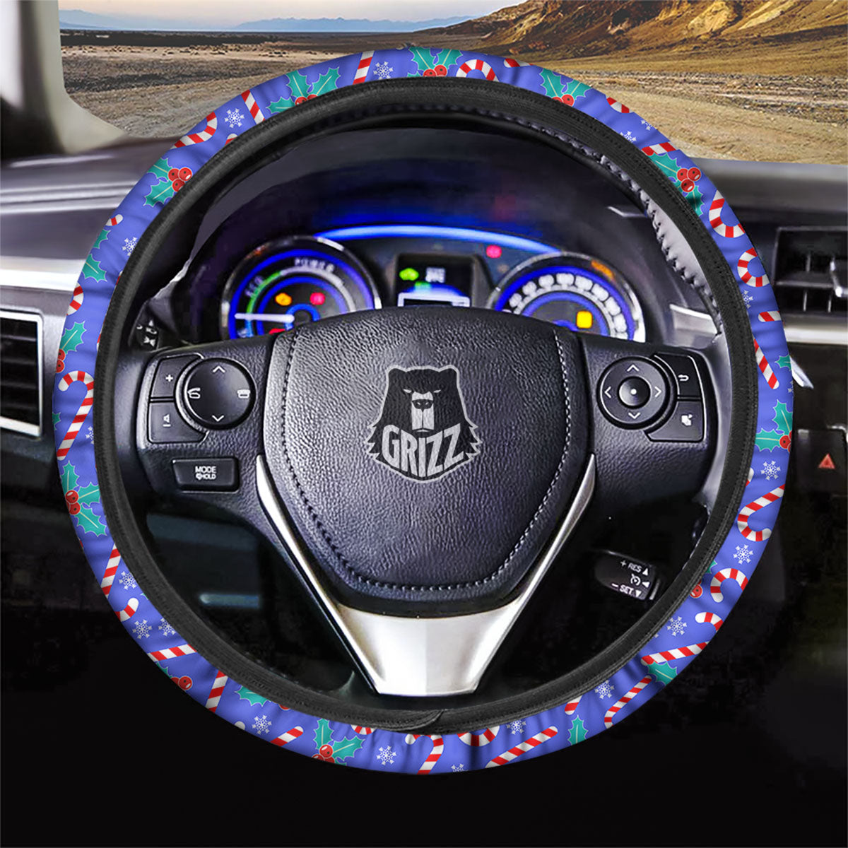 Holly Berry And Candy Cane Christmas Print Pattern Car Steering Wheel Cover-grizzshop
