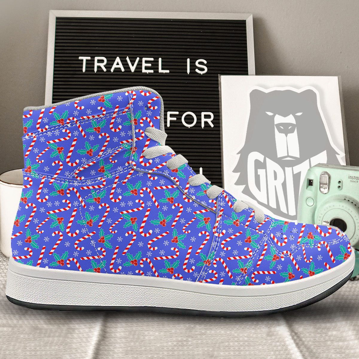Holly Berry And Candy Cane Christmas Print Pattern High Top Sneakers-grizzshop