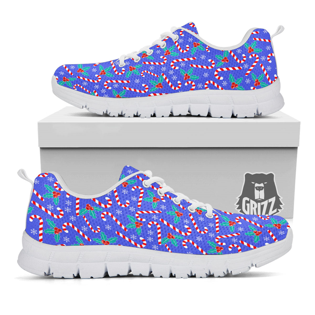 Holly Berry And Candy Cane Christmas Print Pattern White Sneaker-grizzshop