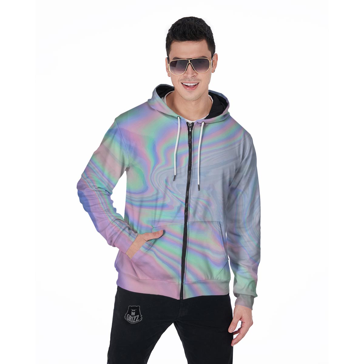 Holographic Abstract Men's Zip Up Hoodie-grizzshop