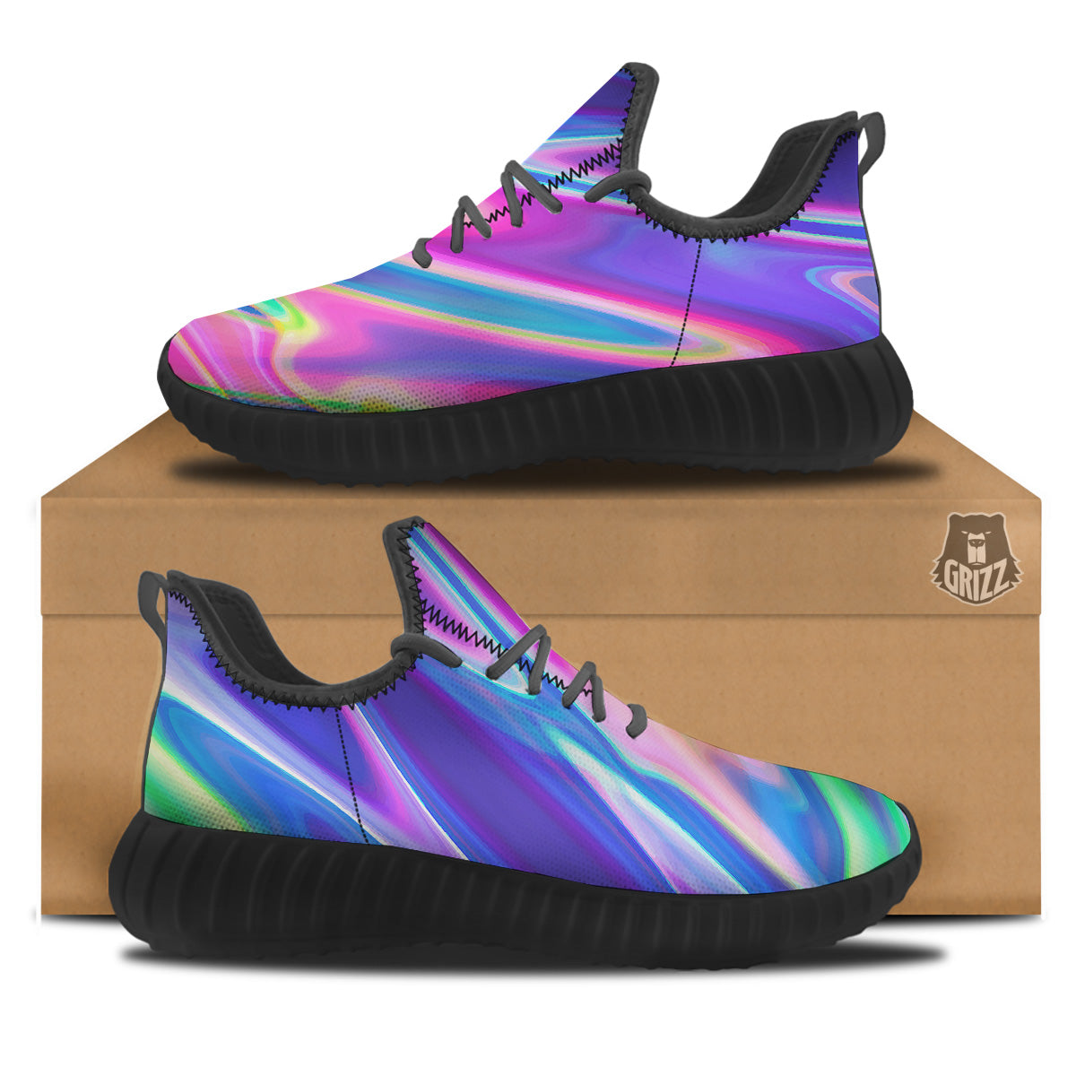 Holographic Bright Print Black Walking Shoes-grizzshop