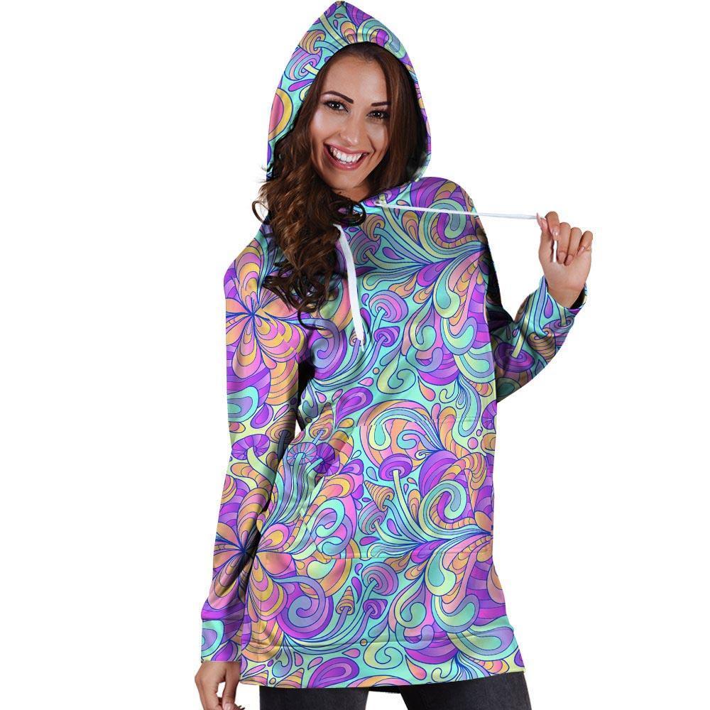 Holographic Floral Psychedelic Hoodie Dress-grizzshop