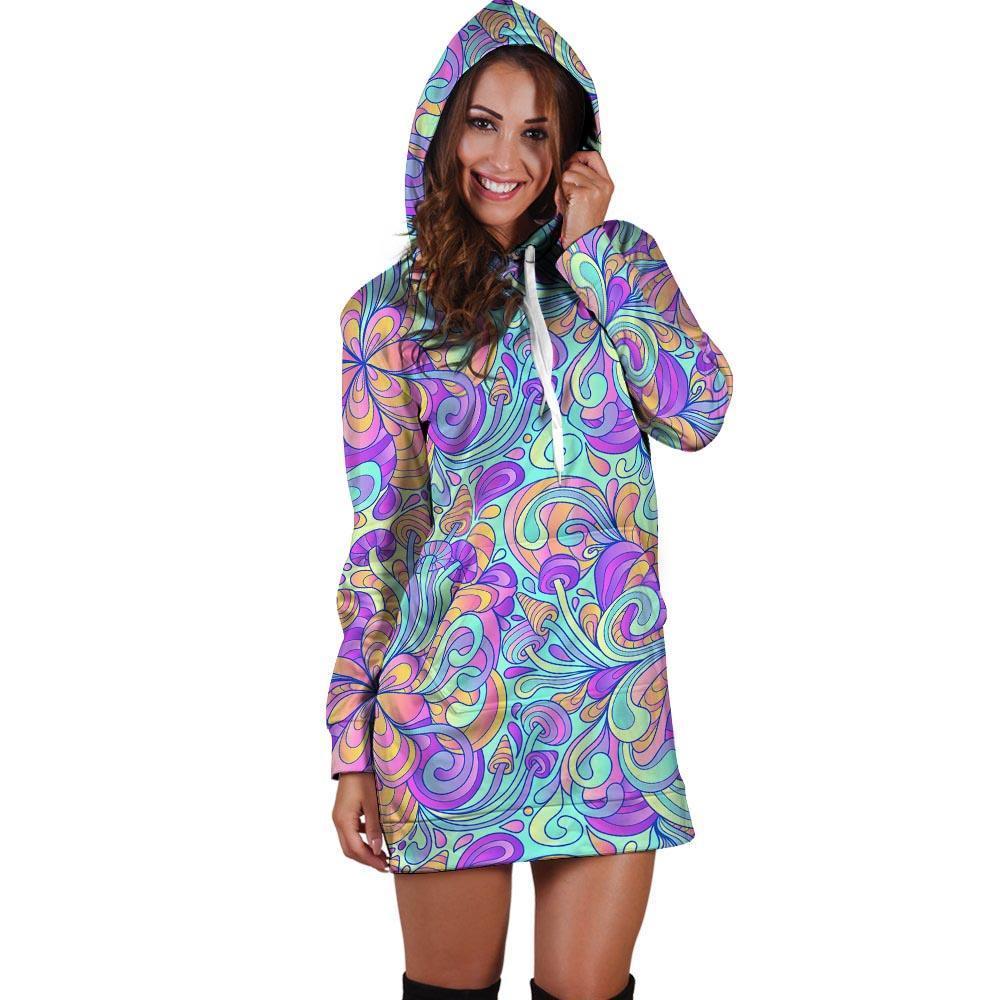 Holographic Floral Psychedelic Hoodie Dress-grizzshop