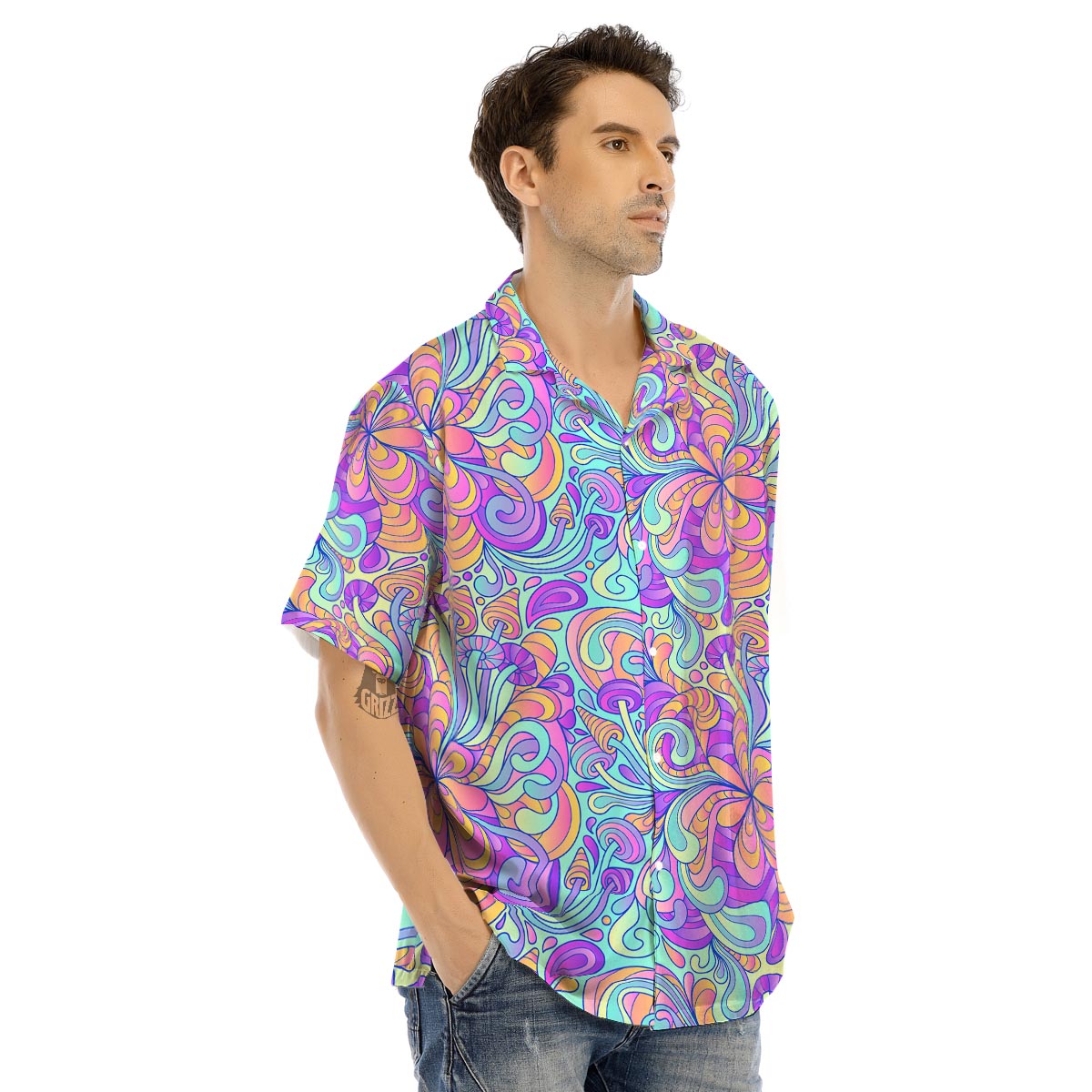 Holographic Floral Psychedelic Men’s Hawaiian Shirt-grizzshop