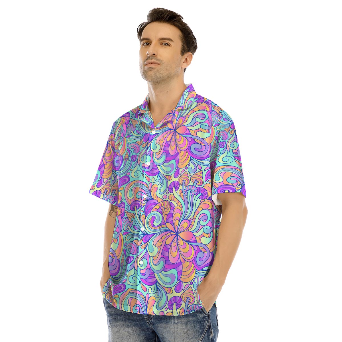 Holographic Floral Psychedelic Men’s Hawaiian Shirt-grizzshop