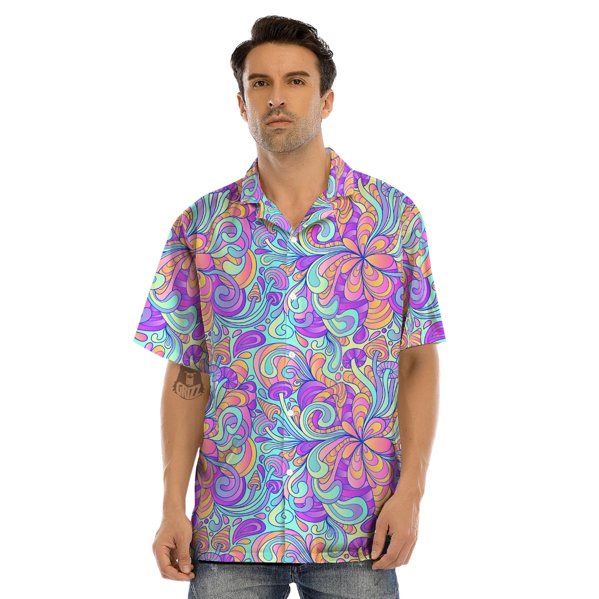 Holographic Floral Psychedelic Men’s Hawaiian Shirt-grizzshop