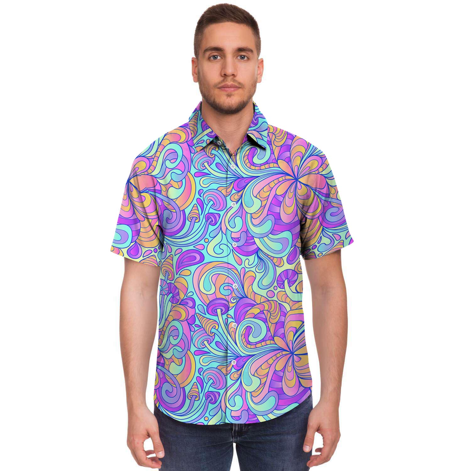 Holographic Floral Psychedelic Men's Short Sleeve Shirt-grizzshop