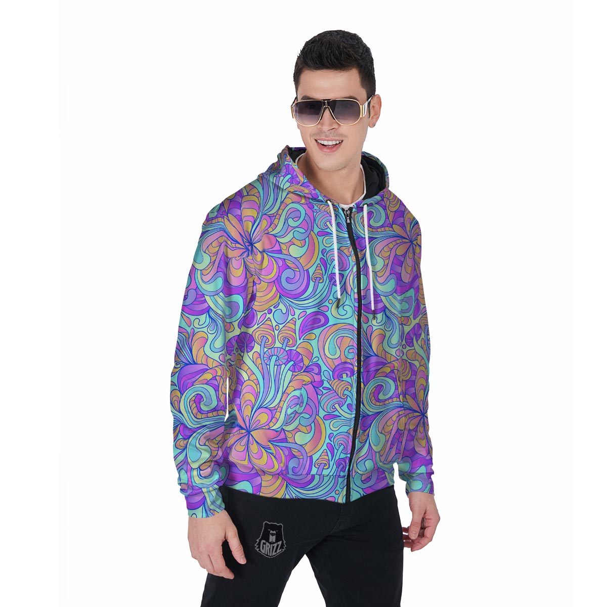 Holographic Floral Psychedelic Men's Zip Up Hoodie-grizzshop