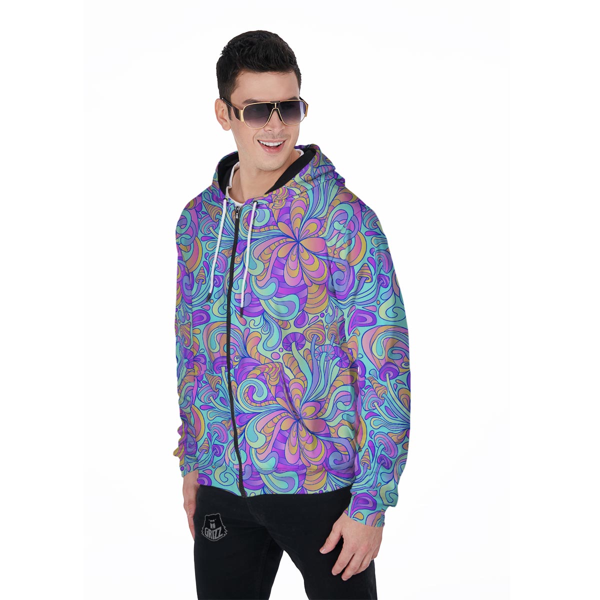 Holographic Floral Psychedelic Men's Zip Up Hoodie-grizzshop