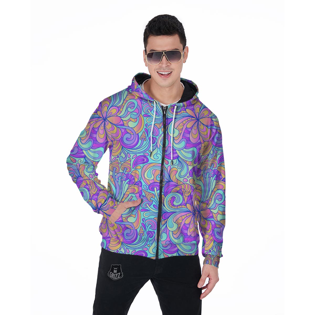 Holographic Floral Psychedelic Men's Zip Up Hoodie-grizzshop