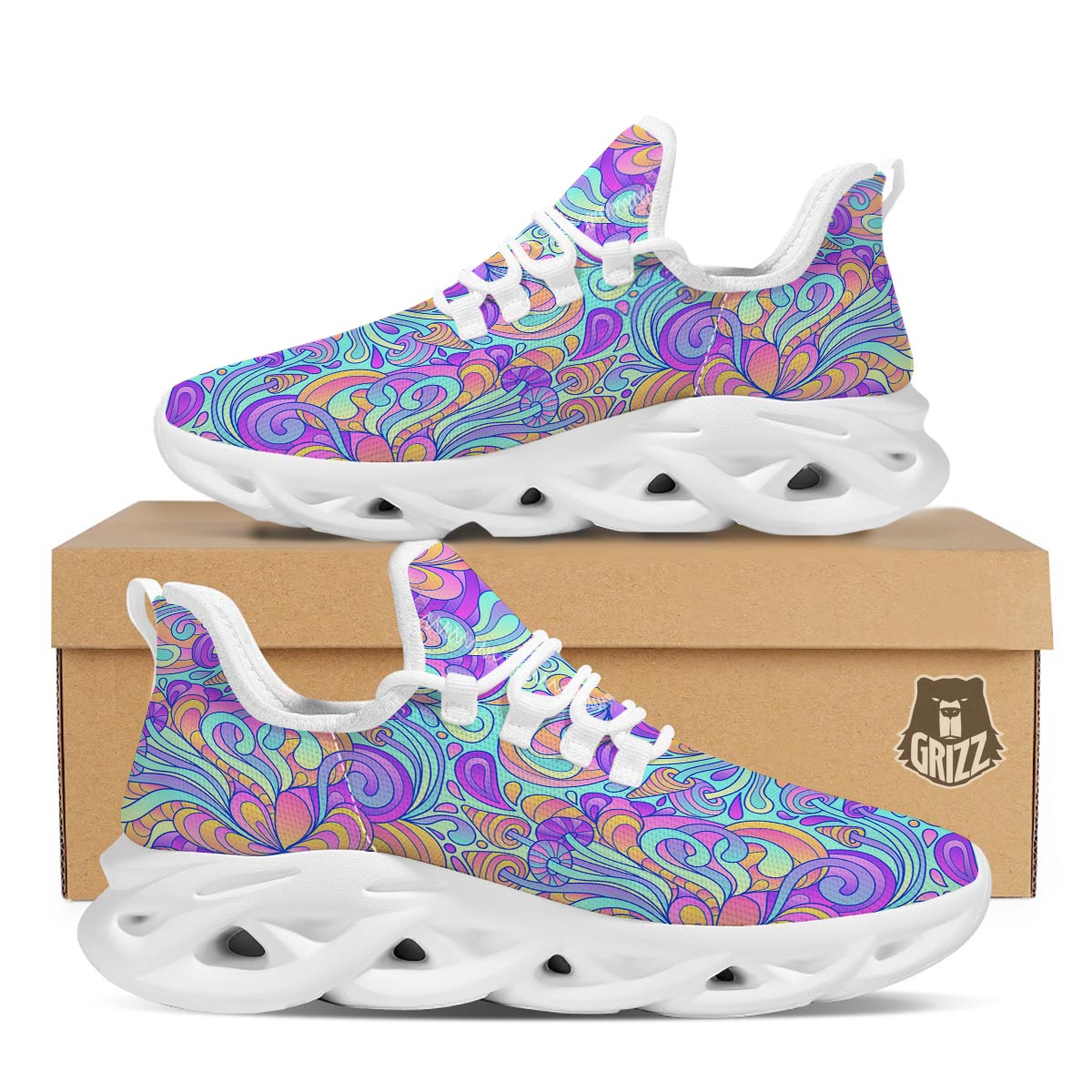 Holographic Floral Psychedelic White Running Shoes-grizzshop