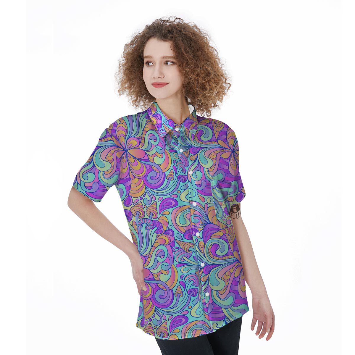 Holographic Floral Psychedelic Women's Short Sleeve Shirts-grizzshop