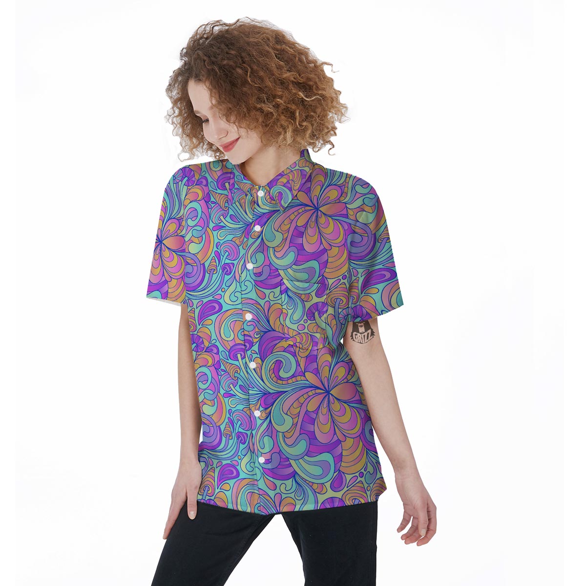 Holographic Floral Psychedelic Women's Short Sleeve Shirts-grizzshop