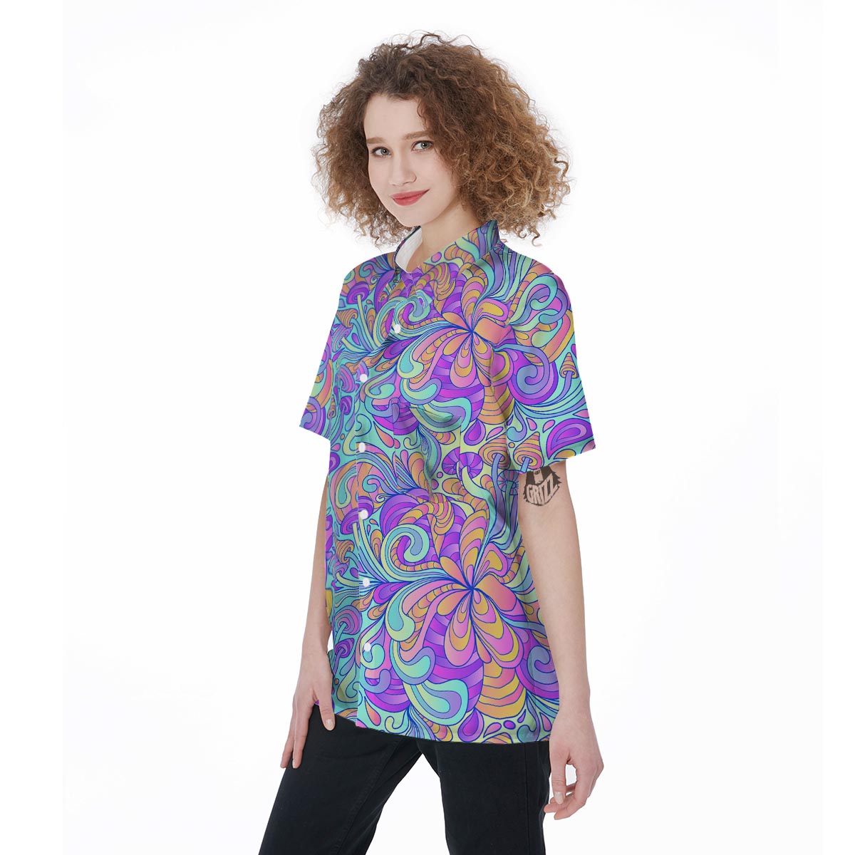 Holographic Floral Psychedelic Women's Short Sleeve Shirts-grizzshop