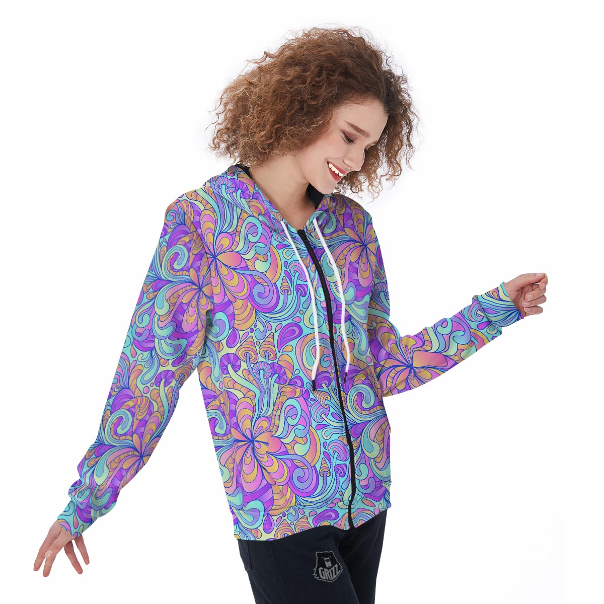 Holographic Floral Psychedelic Women's Zip Up Hoodie-grizzshop