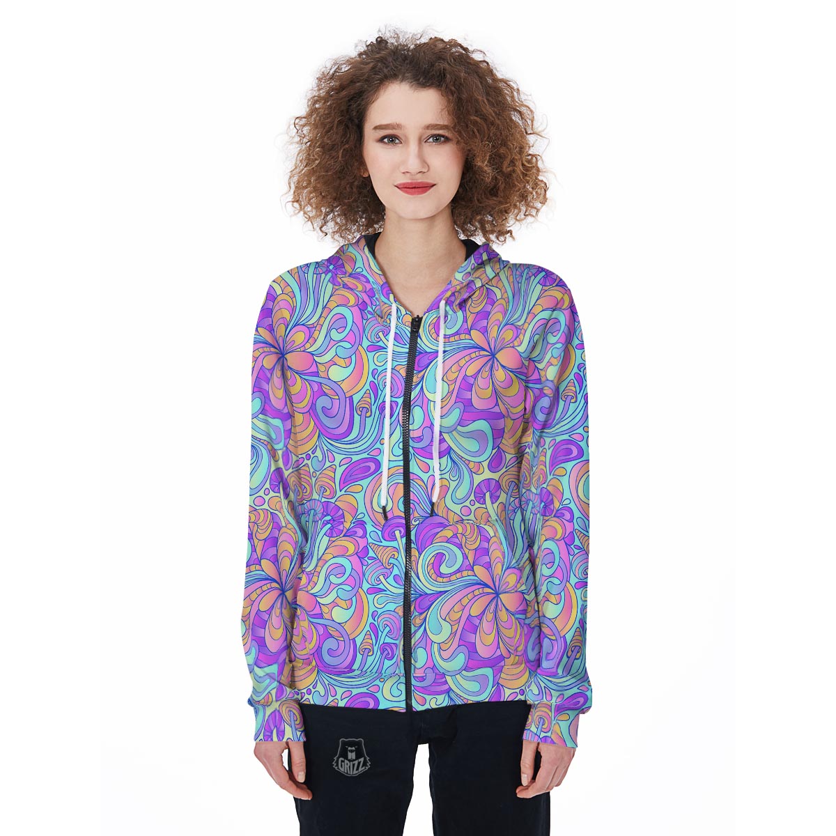 Holographic Floral Psychedelic Women's Zip Up Hoodie-grizzshop