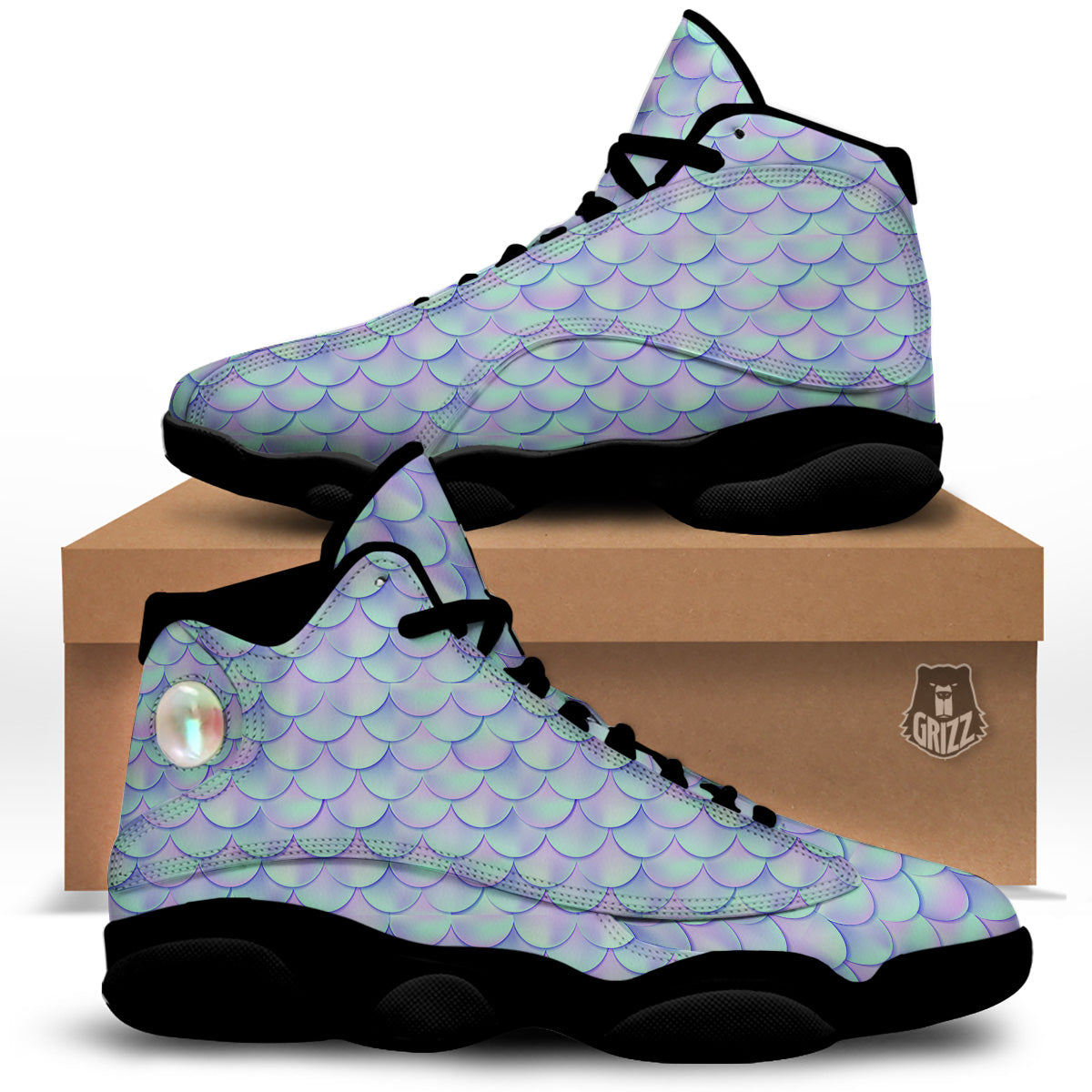 Holographic Mermaid Tail Print Pattern Black Basketball Shoes-grizzshop