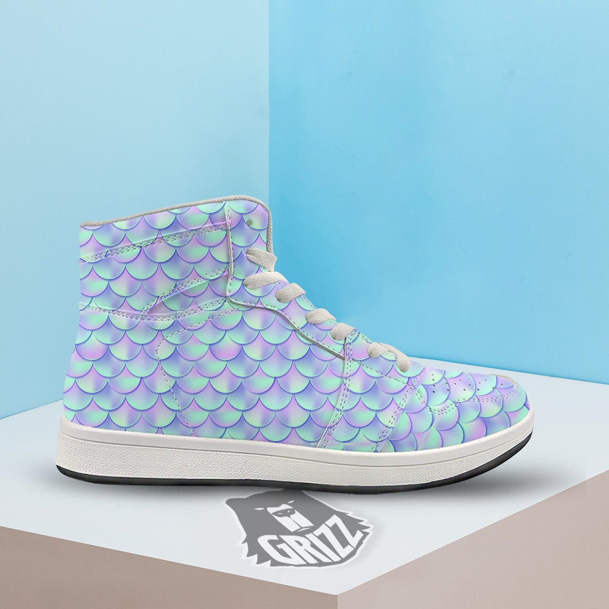 Holographic Mermaid Tail Print Pattern High Top Sneakers-grizzshop