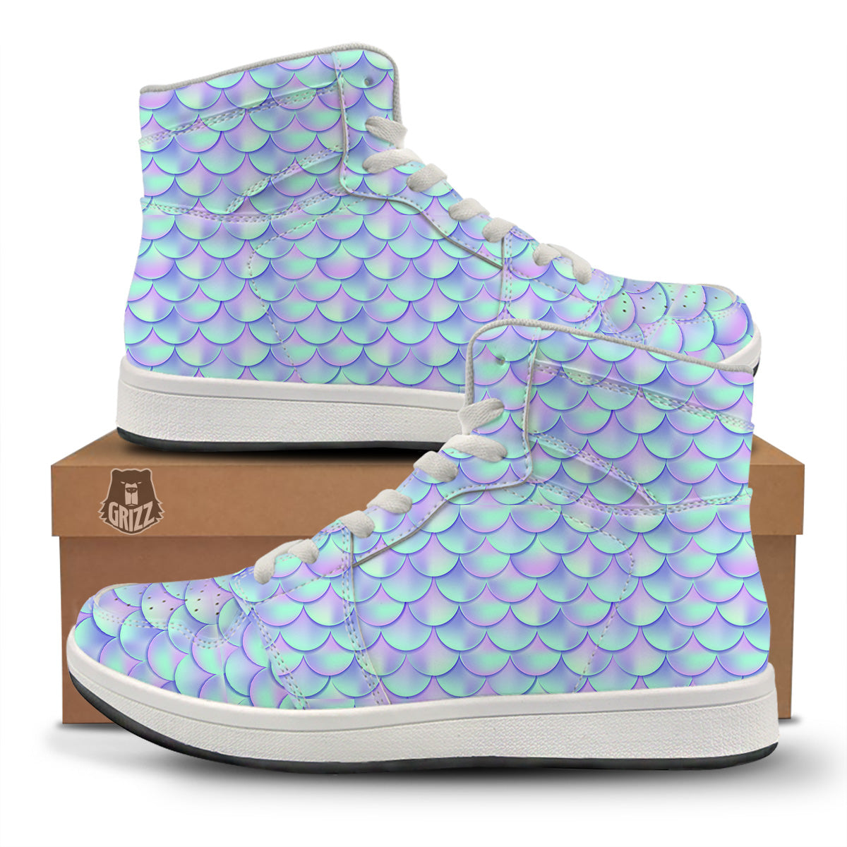 Holographic Mermaid Tail Print Pattern High Top Sneakers-grizzshop