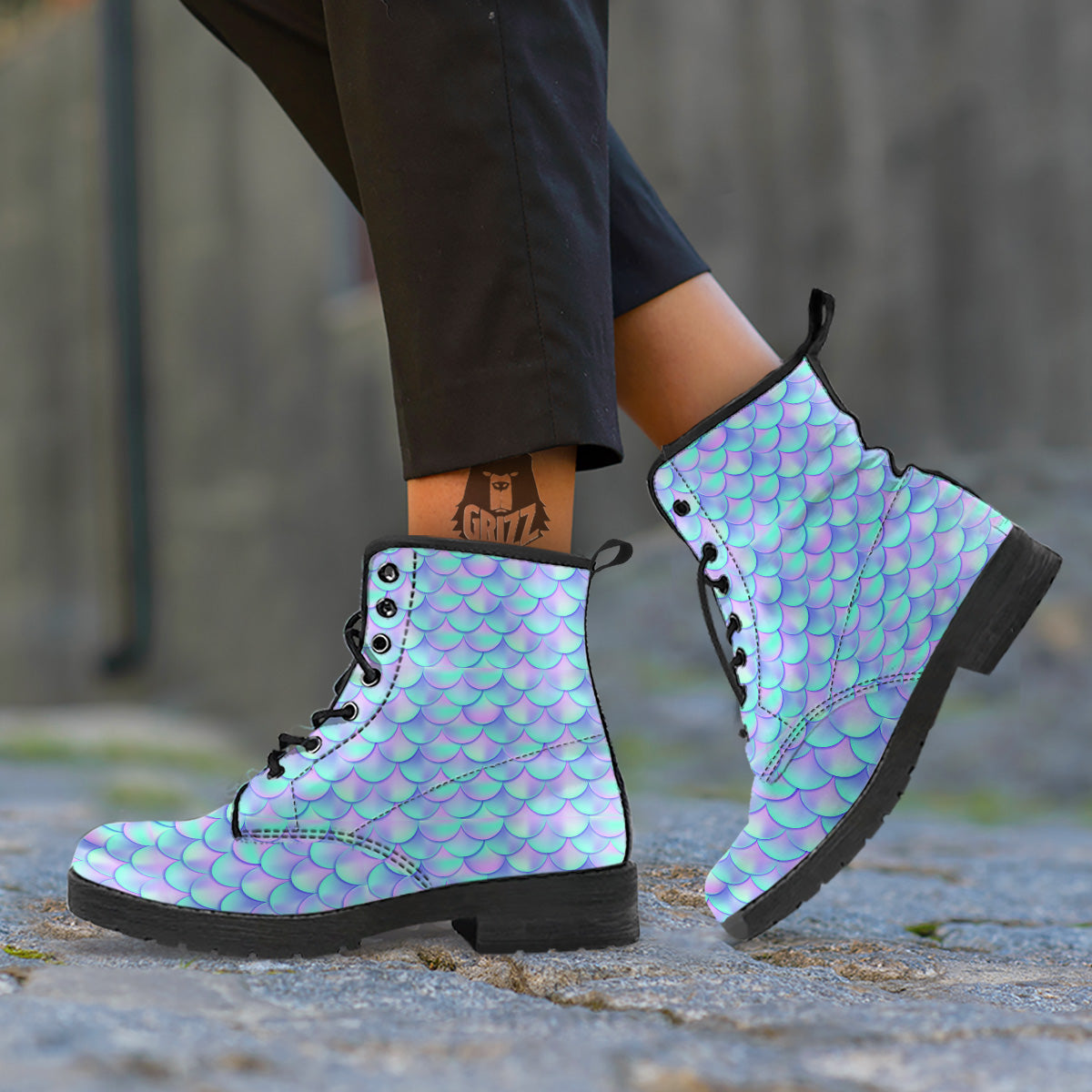 Holographic Mermaid Tail Print Pattern Leather Boots-grizzshop