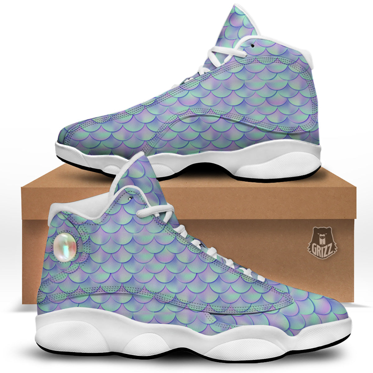 Holographic Mermaid Tail Print Pattern White Basketball Shoes-grizzshop