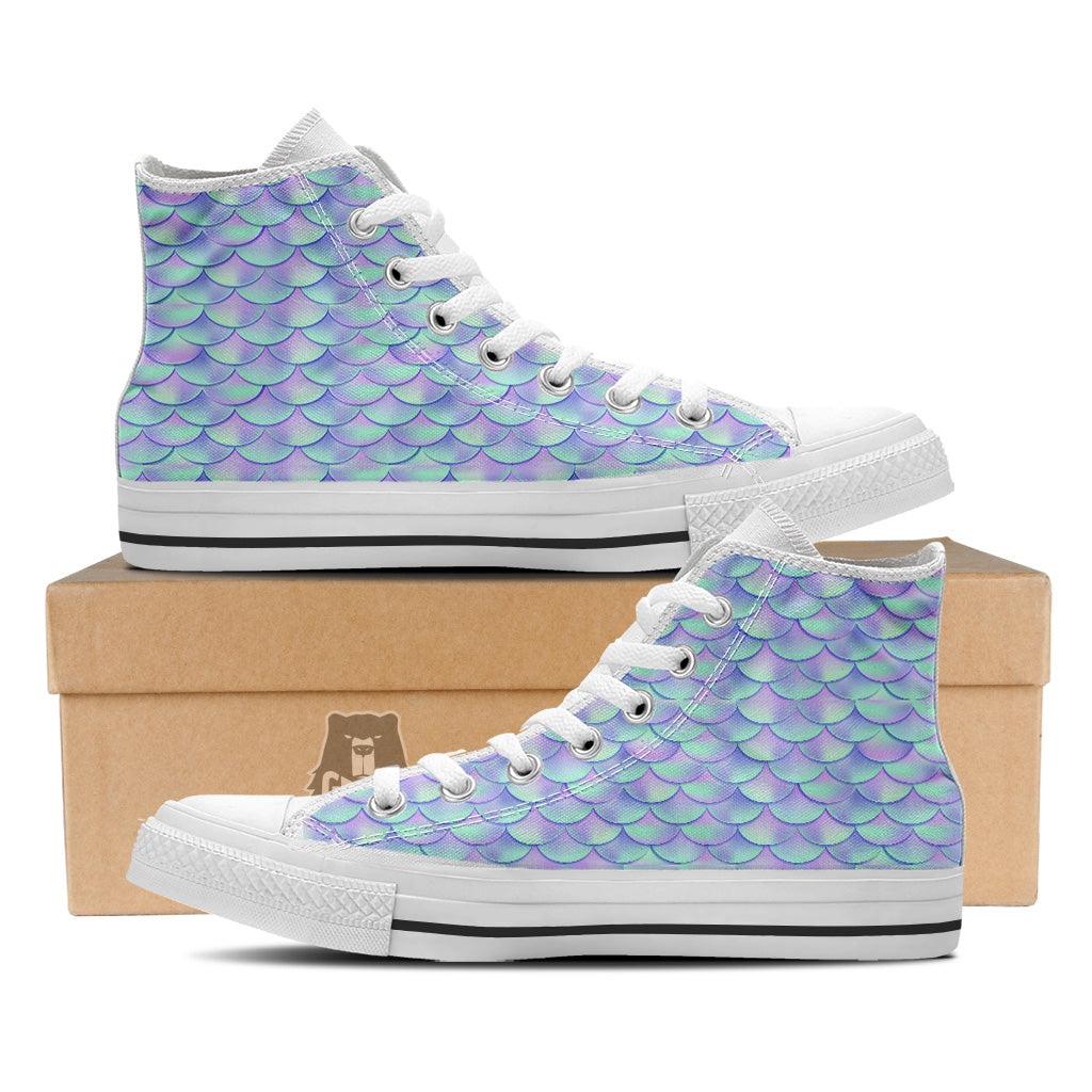Holographic Mermaid Tail Print Pattern White High Top Shoes-grizzshop