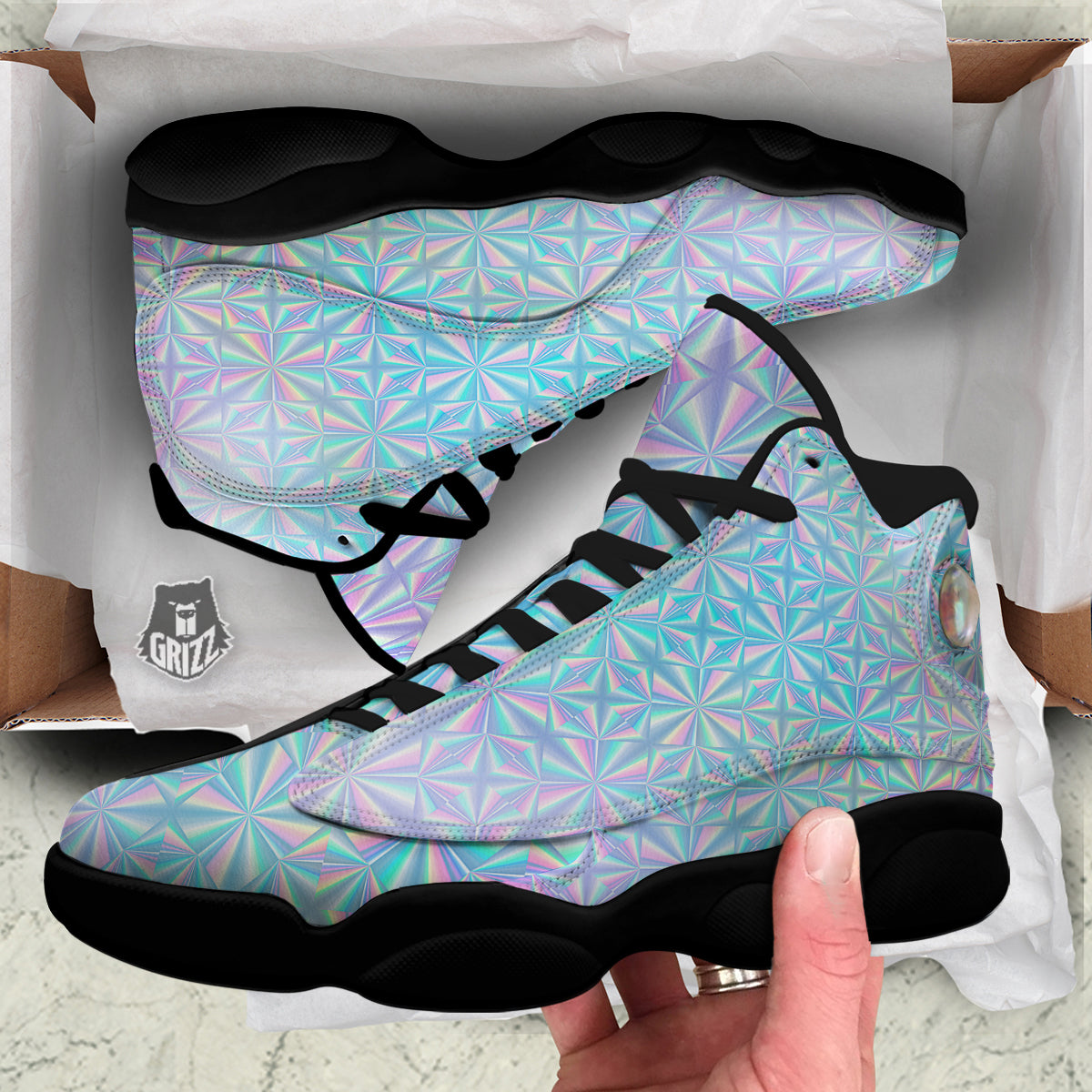 Holographic Paper Texture Print Black Basketball Shoes-grizzshop