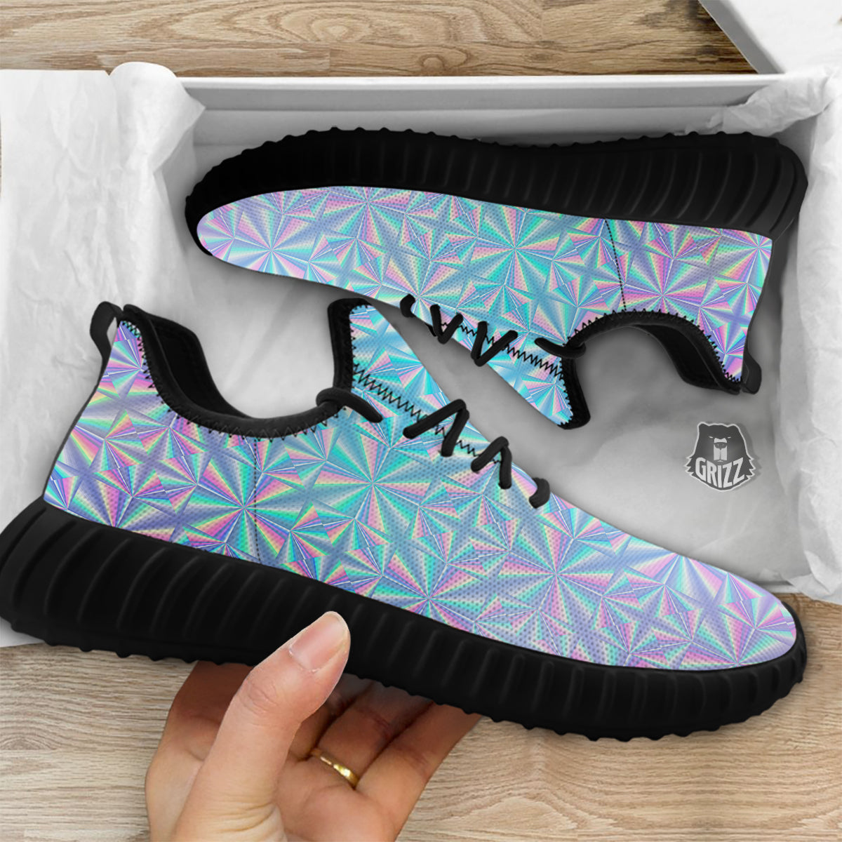 Holographic Paper Texture Print Black Walking Shoes-grizzshop