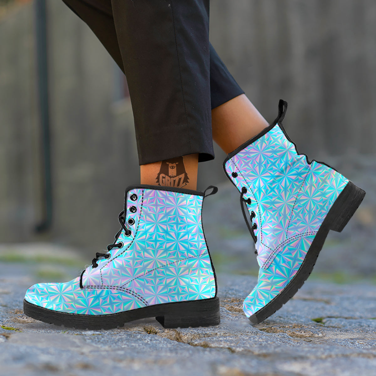 Holographic Paper Texture Print Leather Boots-grizzshop