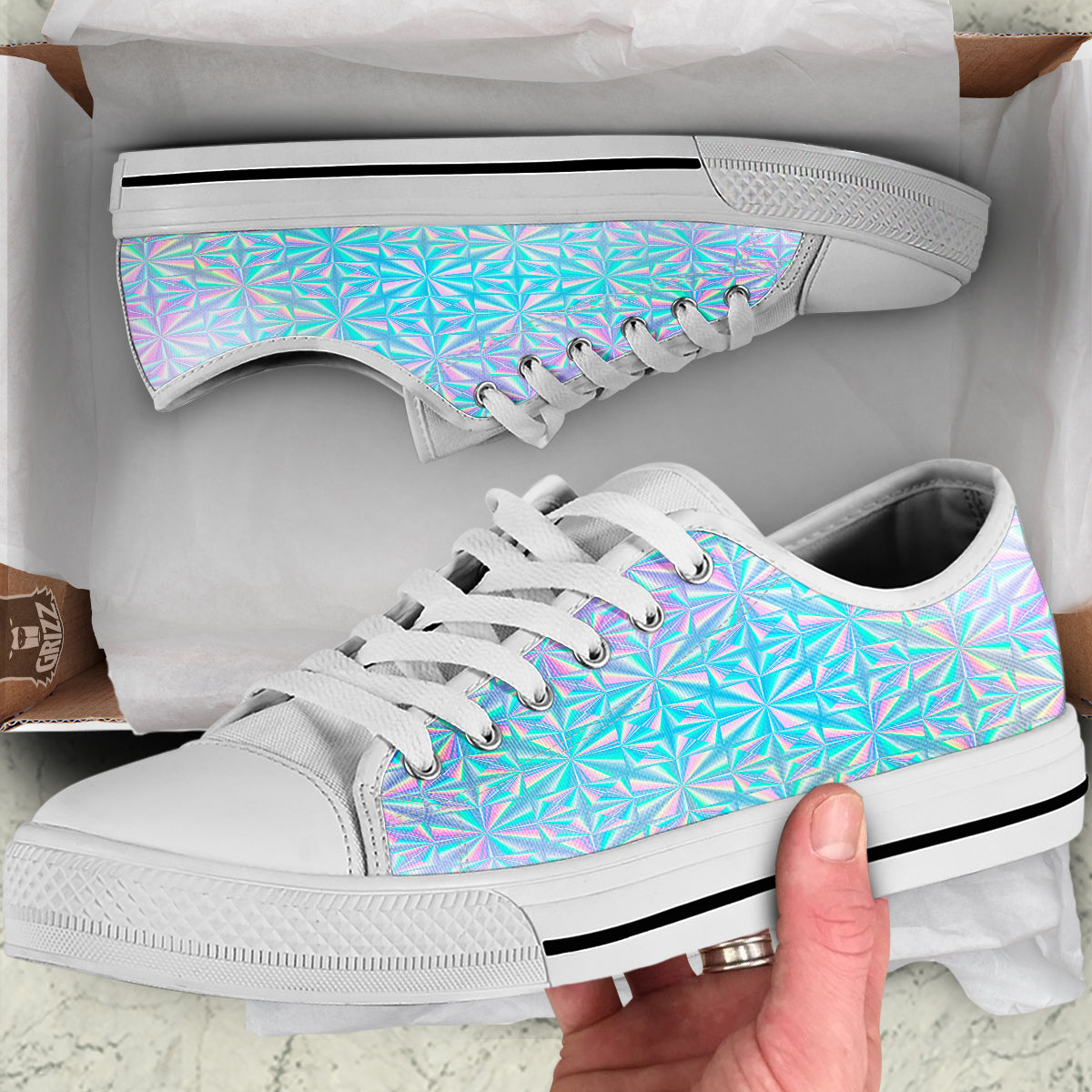 Holographic Paper Texture Print White Low Top Shoes-grizzshop