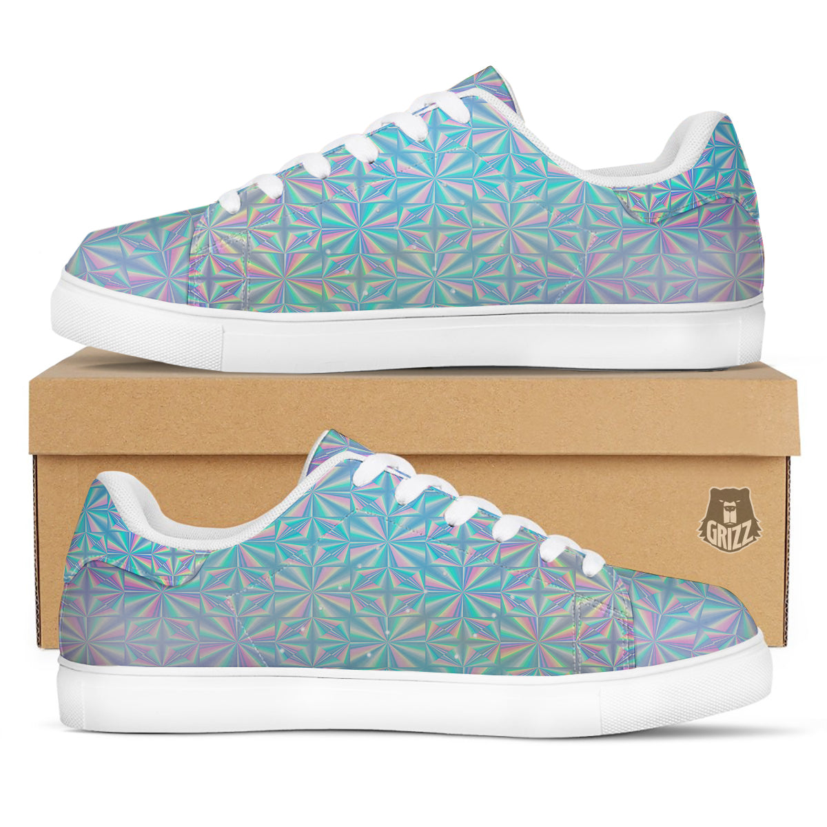 Holographic Paper Texture Print White Low Top Sneakers-grizzshop