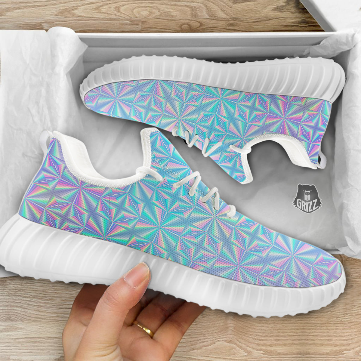 Holographic Paper Texture Print White Walking Shoes-grizzshop