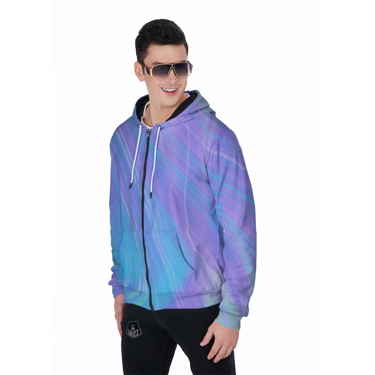 Holographic Print Men's Zip Up Hoodie-grizzshop