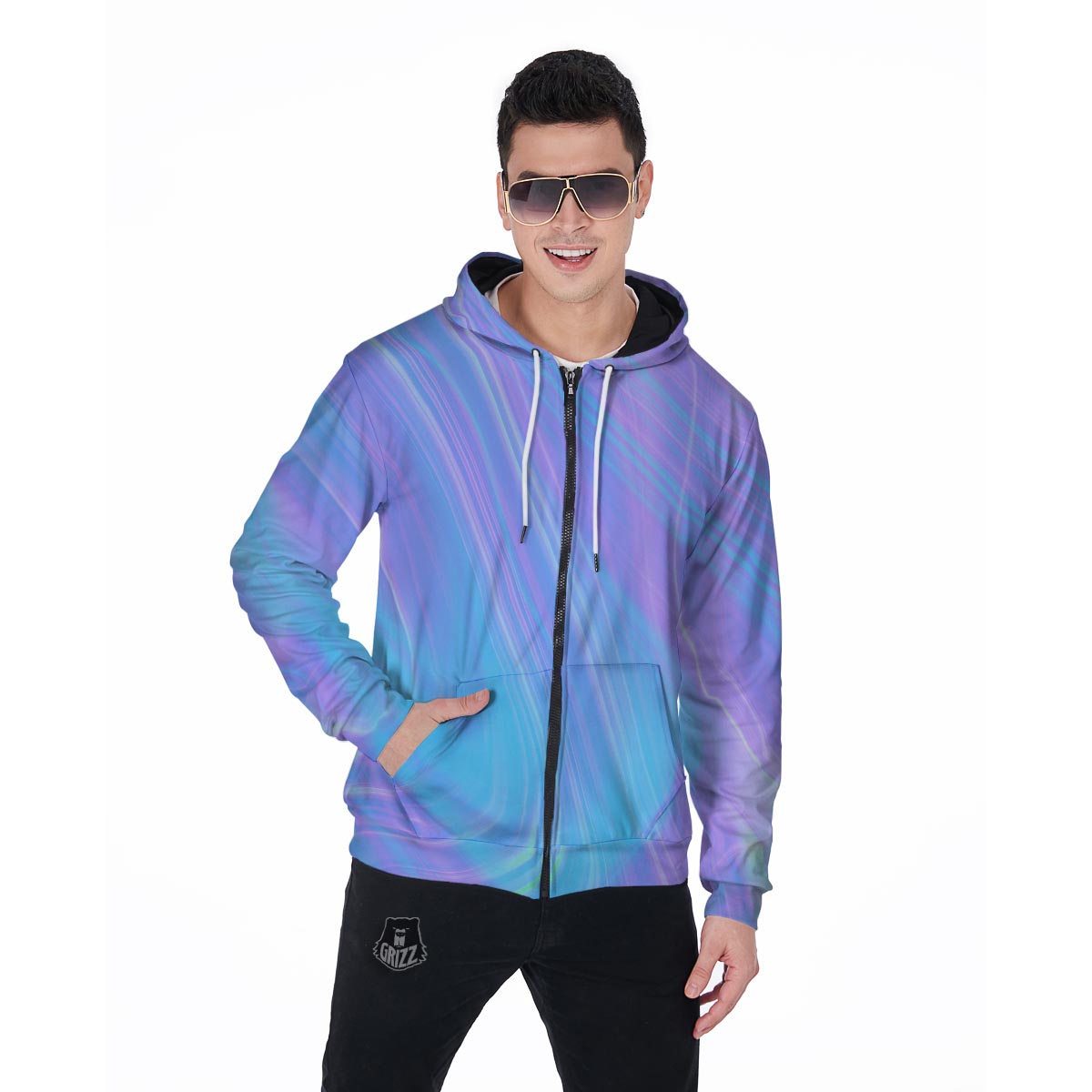 Holographic Print Men's Zip Up Hoodie-grizzshop