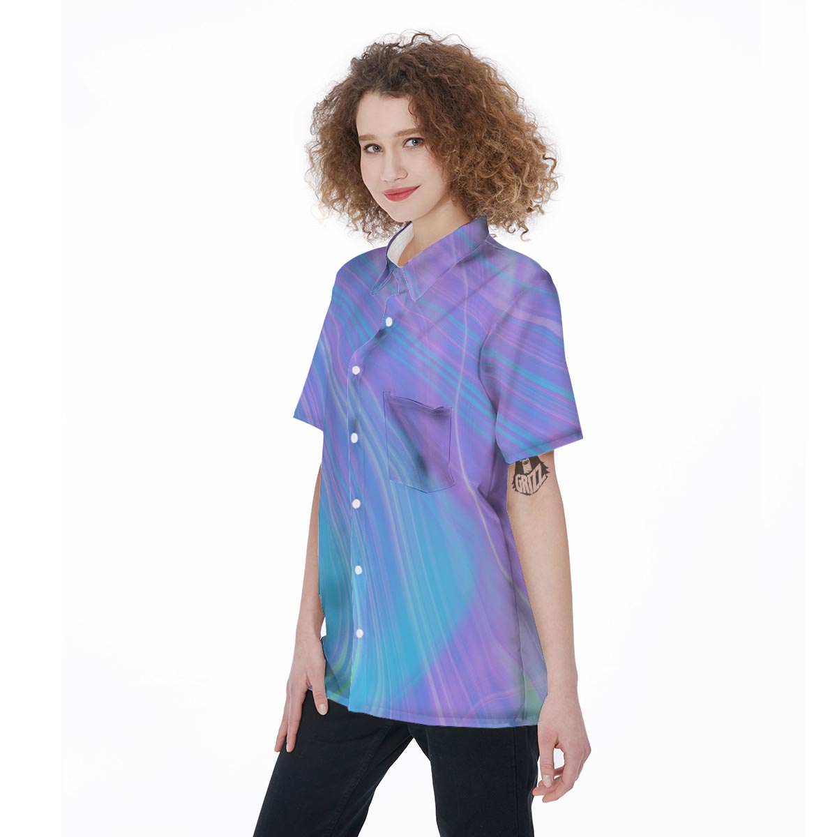Holographic Print Women's Short Sleeve Shirts-grizzshop