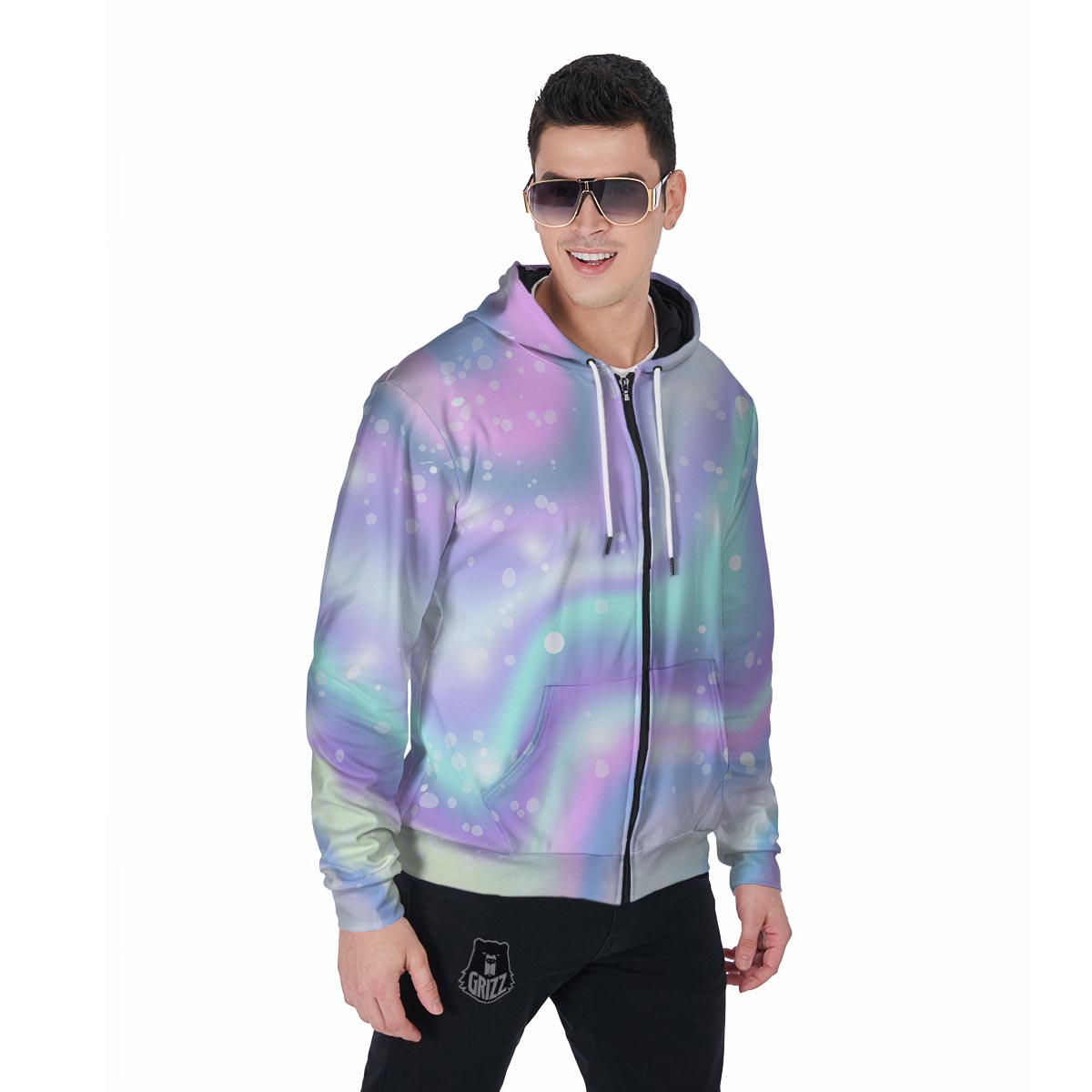 Holographic Psychedelic Men's Zip Up Hoodie-grizzshop