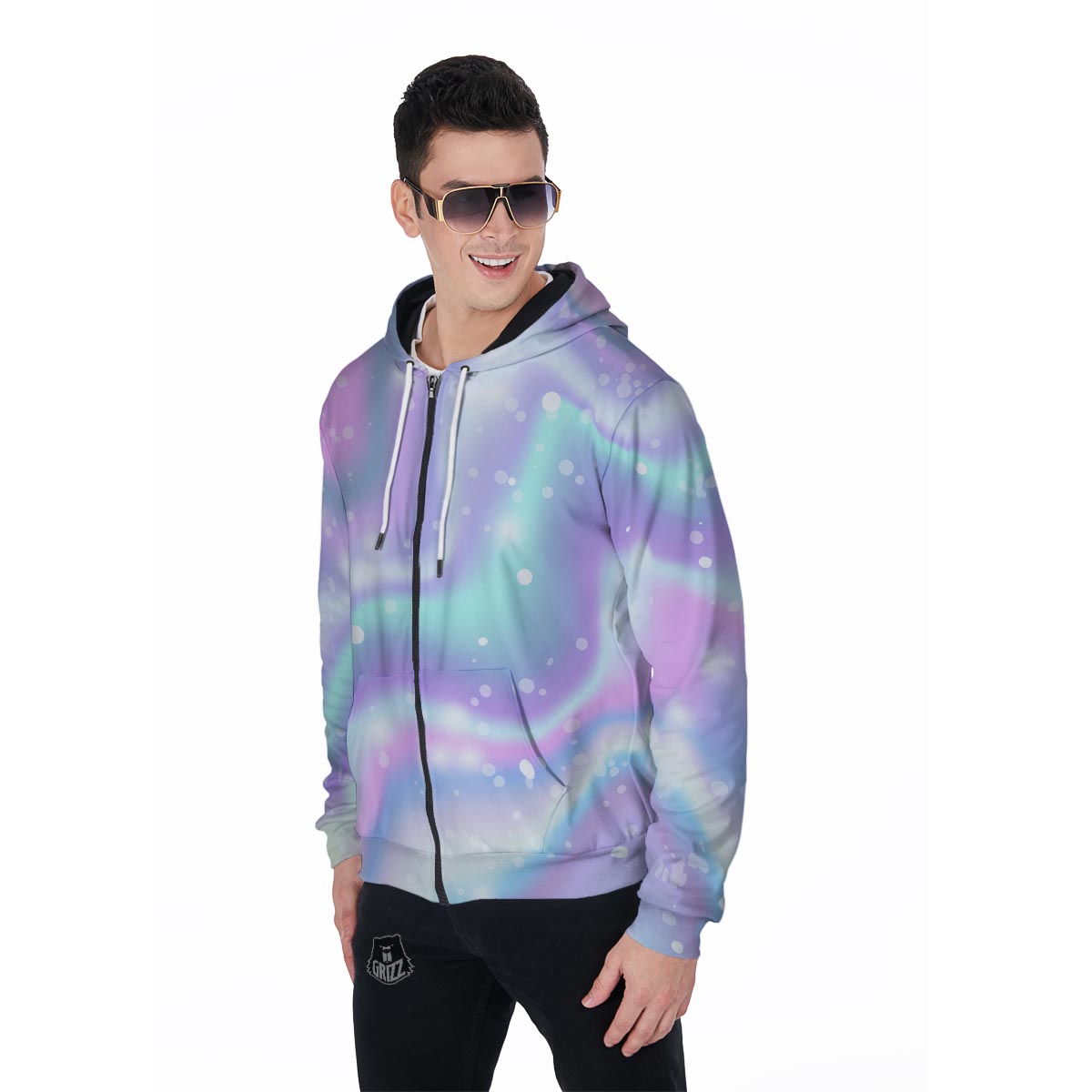 Holographic Psychedelic Men's Zip Up Hoodie-grizzshop