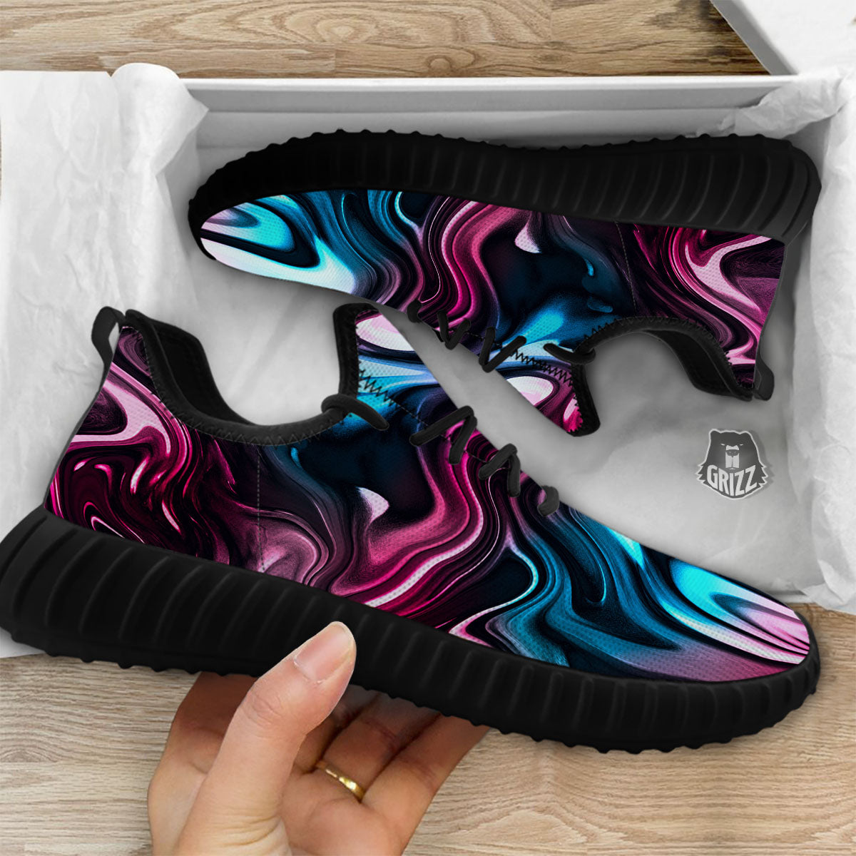 Holographic Psychedelic Print Pattern Black Walking Shoes-grizzshop