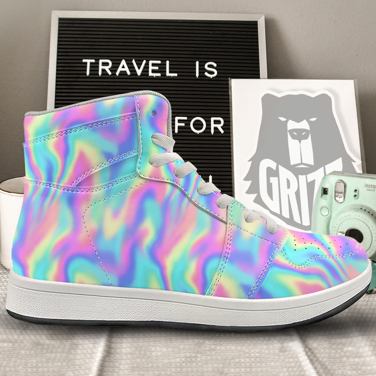 Holographic Rainbow Print Pattern High Top Sneakers Grizzshopping