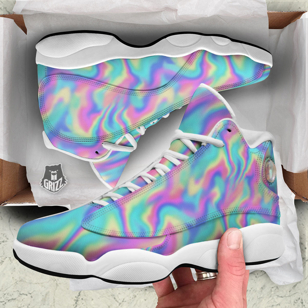 Holographic Rainbow Print Pattern White Basketball Shoes-grizzshop