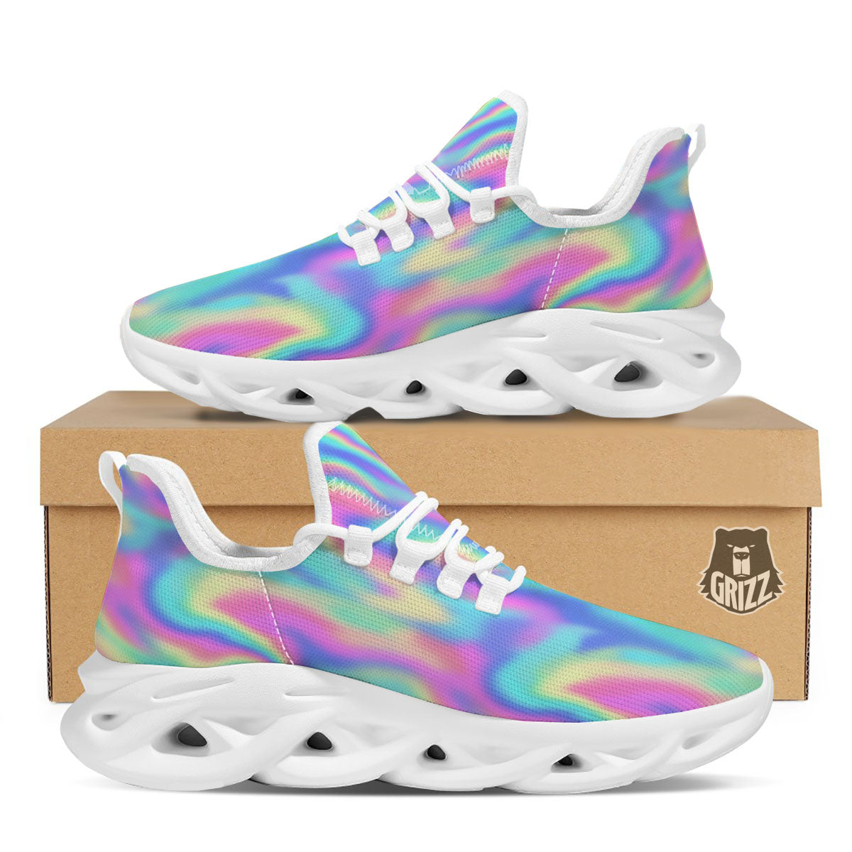 Holographic Rainbow Print Pattern White Running Shoes-grizzshop